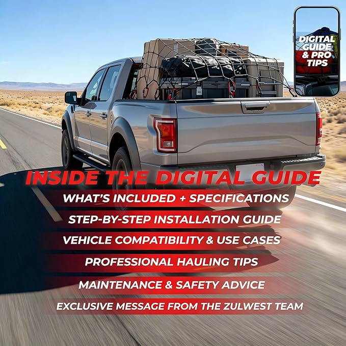 Heavy Duty Cargo Net for Pickup Truck Bed, 4x6 ft Stretches to 8x12 ft - 10mm Elastic Bungee Truck Bed Net with 12 Carabiners, Anti-Slip Gloves & Digital Guide for Trucks, SUV, Roof Rack