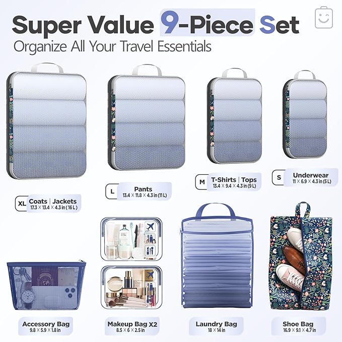 Veken 9/11 Set Compression Packing Cubes for Travel Essentials,Compressible Expandable Large Luggage Suitcase Organizer Bags 