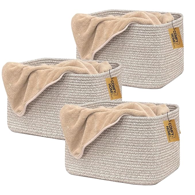 COMFY-HOMI 3Pack Small Woven Cotton Rope Basket for Organizing, Gift Baskets for Handles, Empty Gift Baskets, Medium Rope Bas