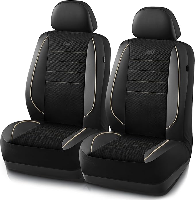 Skechers Air-Cooled Memory Foam Seat Cover, Mesh Thick Car Seat Covers,Piping Leather Car Seat Covers Front Seats, Airbag Com