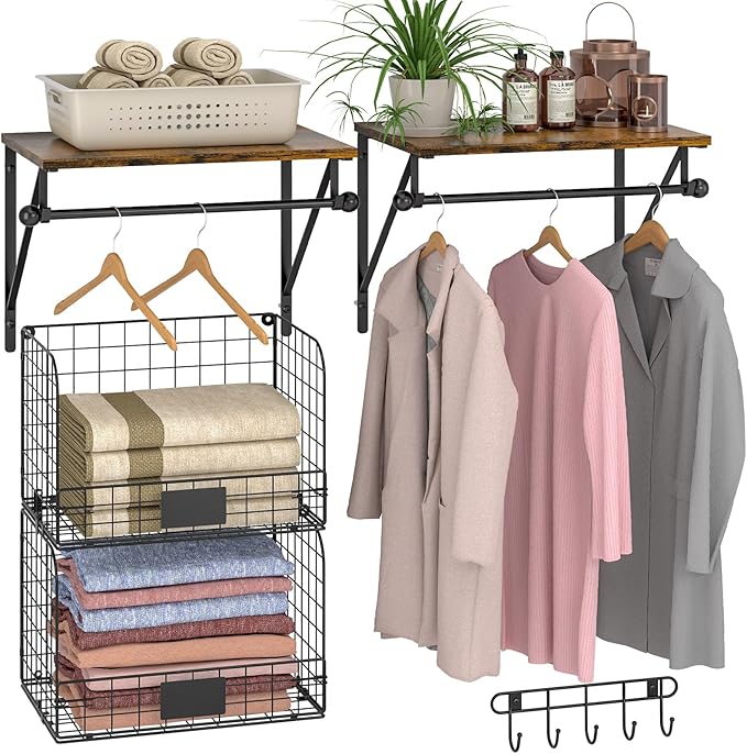 Laundry Room Shelves Wall Mounted with Wire Baskets, Over the Washer and Dryer Shelf with Clothes Drying Rack, Wire Shelves B