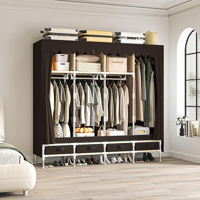 Portable Wardrobe with 4 Drawers, 4 Hanging Rods - 67" Tall Sweater Organizer, Sturdy Easy Temporary Bedroom Wardrobe Organiz