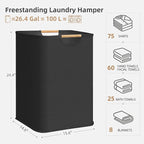 STORAGE MANIAC 1-Pack Large Laundry Hamper, 100L (26.4 Gal) Collapsible Laundry Basket with Bamboo Handles, Freestanding Wate
