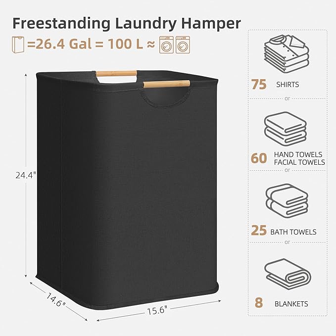 STORAGE MANIAC 1-Pack Large Laundry Hamper, 100L (26.4 Gal) Collapsible Laundry Basket with Bamboo Handles, Freestanding Wate