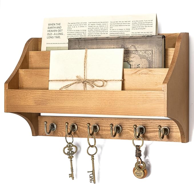 Rebee Vision Pine Wood Key Holder Wall Mount - Rustic 3-Tire Mail Holder for Wall with Sturdy Key Hooks - Multifunctional Key
