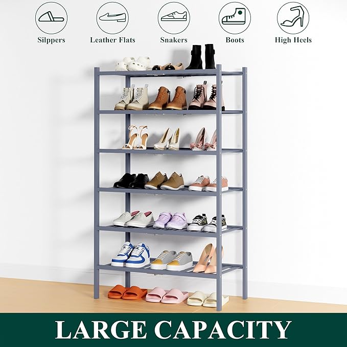 Smiry Shoe Rack, 6 Tier Thick Bamboo Shoe Organizer, Stackable Free Standing Wooden Shoe Storage Shelf for Closet, Entryway, 