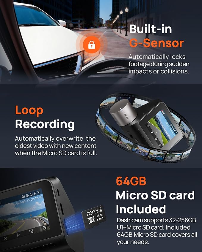 70mai Dash Cam Front and Rear A510,1944P+1080P with STARVIS 2 IMX675 and 64GB Card, Dash Camera for Cars, 4G LTE Support, ADA