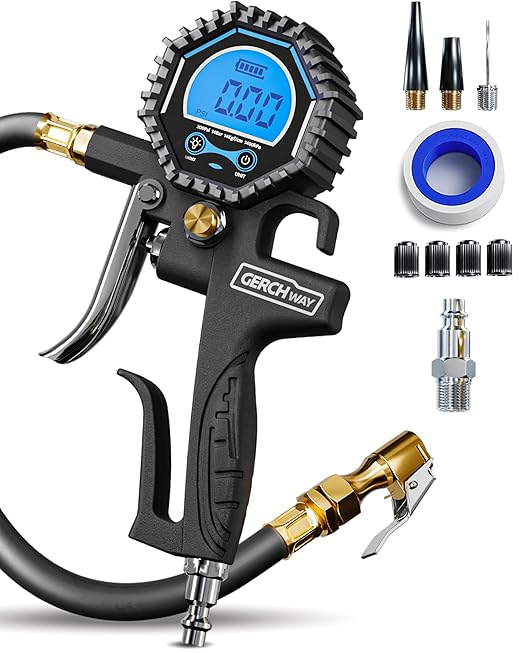 Digital Tire Pressure Gauge with Inflator (3-200 PSI), Heavy Duty Air Chuck and Compressor Accessories with Swivel Air Chuck, Longer Hose, Large Display (0.1 Res)