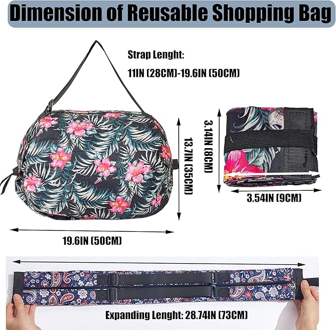 Foldable Reusable Tote Bags - Thickened 210D Nylon Waterproof Grocery Shopping Bag with Zipper & Adjustable Strap