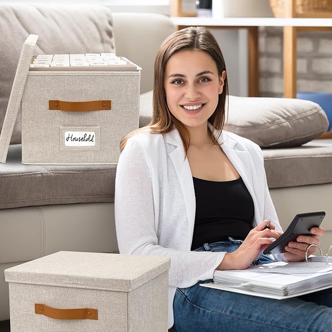 ZICOTO Decorative File Organizer Box Set of 2 - Collapsible Linen Filing Cabinets w/Handles Are Perfect to Store all Your Doc