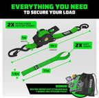 Rhino USA Retractable Ratchet Straps (2-Pack) - 1 Inch x 10 Feet (1,209lb Break Strength) - Auto Self Retracting Tie Down Straps for Truck, Cargo Trailer, Motorcycle, ATV, UTV - Green