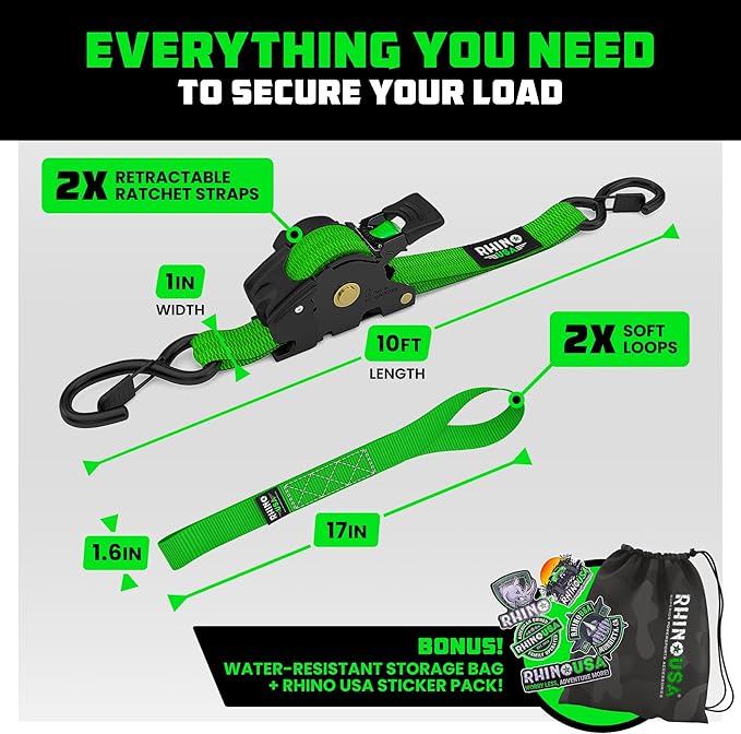 Rhino USA Retractable Ratchet Straps (2-Pack) - 1 Inch x 10 Feet (1,209lb Break Strength) - Auto Self Retracting Tie Down Straps for Truck, Cargo Trailer, Motorcycle, ATV, UTV - Green