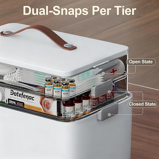 Spreezy 3-Tier Medicine Organizer with Clear Compartments, Portable Stackable Storage Box with Handle for Pills, Bandages & E