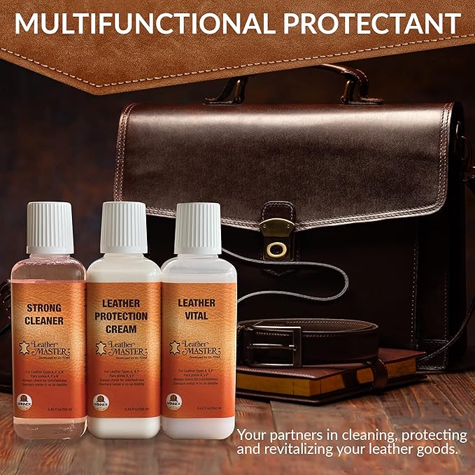Leather Master Strong Leather Care Bundle - 250 ml Exceptional Leather Care Stain Remover, Protector and Polish Kit. Made to 
