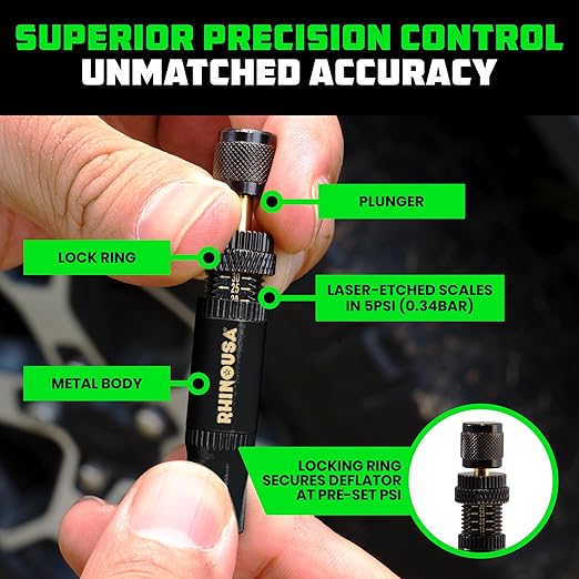 Rhino USA Adjustable Tire Deflator Kit (10-30 PSI) Ultimate Screw-on Automatic Tire Deflators for Offroad - Quick & Easy Air Down System for The Trails - Best Jeep Off Road Accessories (4-Pack) -Black