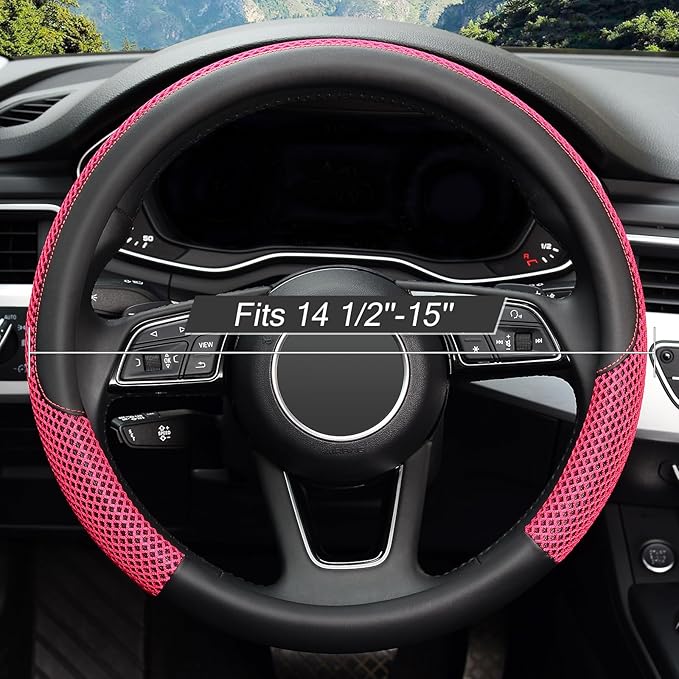 KAFEEK 15 inch Steering Wheel Cover, Cooling Ice Silk Mesh with Microfiber Leather, Heat Resistant, Breathable, Anti-Slip, Su