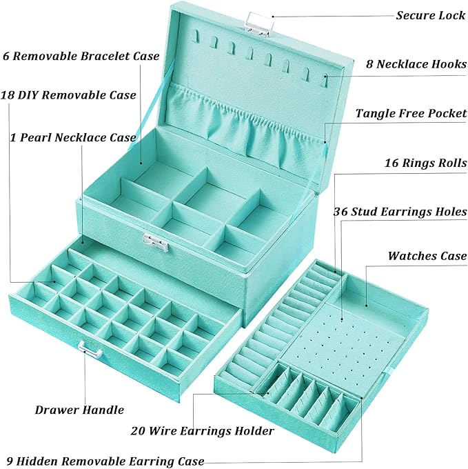 QBestry 3-Layer Jewelry Box for Girls & Teens with Lock and Key, Large Jewelry Organizer with 8 Necklace Hooks & 56 Earring H