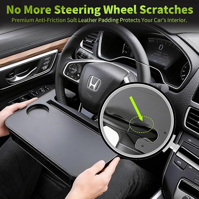2-in-1 Steering Wheel Desk & Seat Gap Organizer, Portable Steering Wheel Tray with Cup Holder & Pad Slot, Car Food Table for Laptop Eating Working, Multipurpose Road Trip Accessories