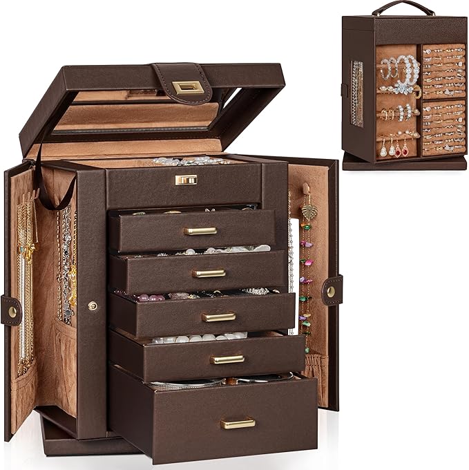 AKOZLIN 360° Rotating Jewelry Box 6-Tier Organizer Functional 360° Rotating Jewelry Storage Case for Women Girls Ring Necklac