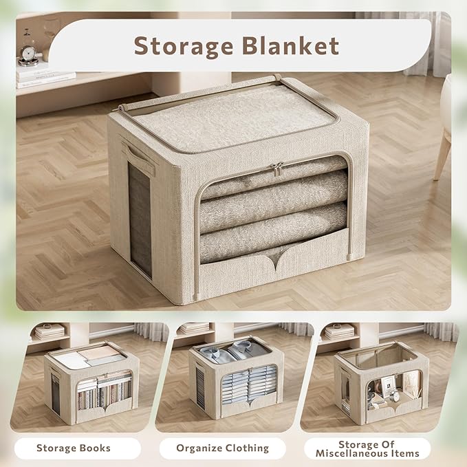 FHSQX 3 Pack Clothes Storage Bins Foldable Metal Frame Storage Box Stackable Linen Fabric Organizer Set with Carrying Handles