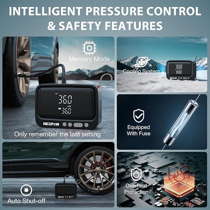 NEXPOW Tire Inflator Portable Air Compressor, 150 PSI Air Pump for Car Tires with Digital Pressure Gauge & Auto Shut-Off, Air Compressor Portable for Car, Motorcycle, Bicycle, Balls, Gray