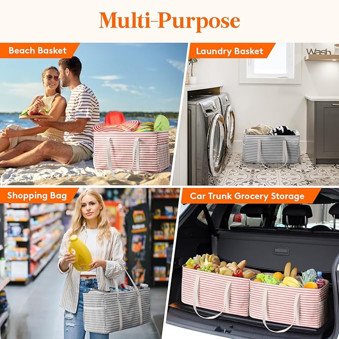 Lifewit Extra Large Tote Bag, Reusable Grocery Bags with Metal Wire Frame and Handles, Standing Utility Foldable Shopping Bags for Storage, Picnics, Beach, Laundry, Car, 46L, 2 Pack, Gray and Pink
