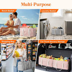 Lifewit Extra Large Tote Bag, Reusable Grocery Bags with Metal Wire Frame and Handles, Standing Utility Foldable Shopping Bags for Storage, Picnics, Beach, Laundry, Car, 46L, 2 Pack, Gray and Pink