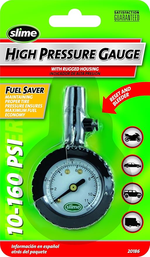 Slime 20186 High PSI Dial Gauge with Bleeder Valve, 10-160 PSI