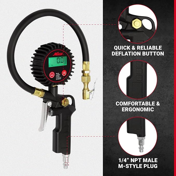 Milton 507KIT Digital Tire Inflator Car Accessories w/Accurate Air Tire Pressure Gauge, 14” Rubber Air Hose – 250 PSI, Brass Lock-On Clip Air Chuck and Compressor Accessories