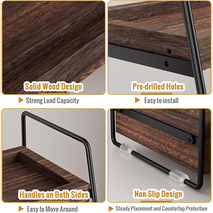 2-Tier Bathroom Counter Organizer with Drawer & Removable Basket, Wood & Metal Vanity Organizer for Skincare, Makeup, Perfume