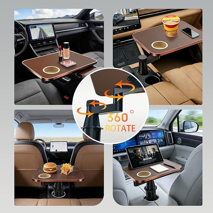 Car Tray & Desk for Laptop, Dual 360° Rotating, Anti-Slip Leather Surface, Steering Wheel Tray, Car Accessories- Compatible with Tesla Model Y/3/S, Ford F150/Explorer/Most Vehicles (Brown)