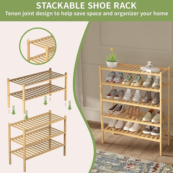 ROMGUAR CRAFT 2 Tier Bamboo Shoe Rack for Closet Free Standing Wood Shoe Shelf for Entryway Small Space Stackable 27"x11"x13"