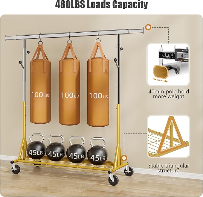 Gewudraw Rolling Clothes Rack Load 530lbs,Heavy Duty Garment Rack With Sturdy Wheel And Shelves, Adjustable Portable Hanging 