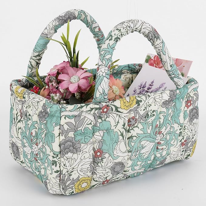 Small Storage Basket Organizer, Mini Fabric Floral Storage Baskets with Handle, Quilted Portable Collapsible Storage (F)