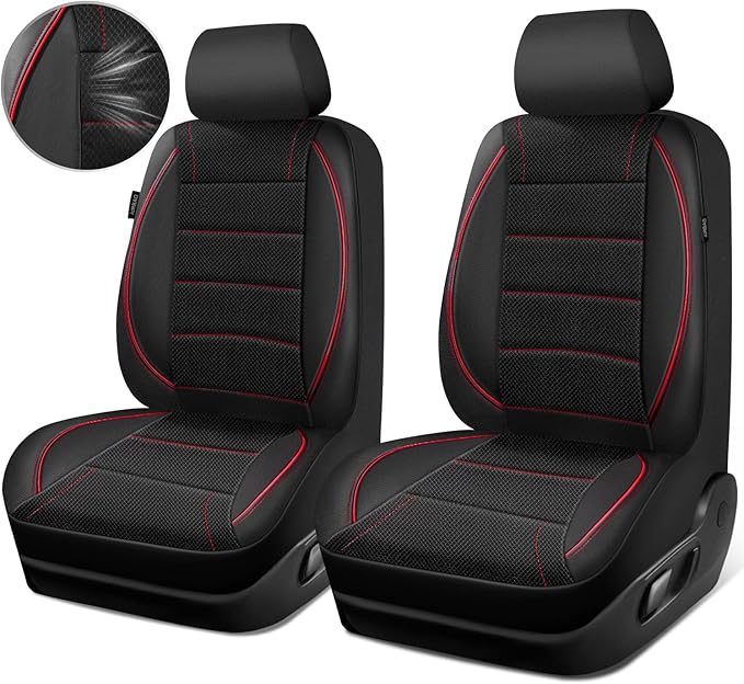 CAR PASS Air Mesh Leather Car Seat Covers Front Seats, Breathable Two Front Seat Covers for Cars, Comfortable Universal Fit for SUV Truck Sedan Automotive, Anti-Slip Airbag Compatible,Black and Red