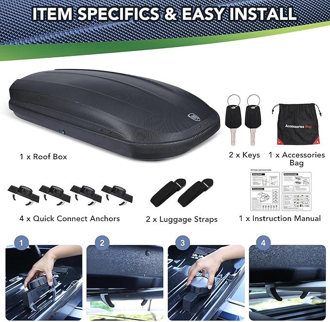 Rooftop Cargo Box Carrier 390L, Hard Shell Roof Box for Roof Rack, 14 Cu Ft Luggage Storage with Secure Straps&Keys, Weather-Resistant Roof Rack Cargo Box