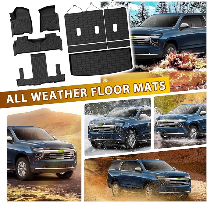 Powerty Floor Mats for 2021-2025 2026 Chevrolet Chevy Tahoe/GMC Yukon 7 Passenger Car Mats, All Weather TPE Custom Cargo Liner Seat Back Covers Protectors Full Set Car Accessories (Not for Yukon XL)