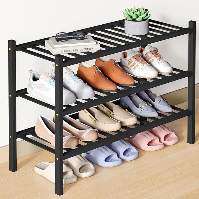 Smiry Bamboo Shoe Rack for Closet, 3 Tier Wooden Stackable Shoe Organizer, Free Standing Shoes Storage Shelf for Entryway, Fr