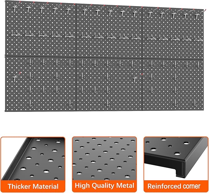 TORACK 6 PCS 12x16 in Metal Boards for Garage, Workbench, Tool Organizer Pegboard with 1/8" & 1/4" Holes, Modular Wall-Mounte