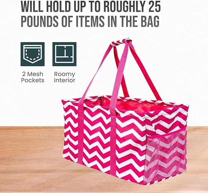 Extra Large Utility Tote Bag, Oversized Collapsible Reusable Wire Frame Rectangular Canvas Basket With Two Exterior Pockets For Beach, Pool, Laundry, Car Trunk, Storage - Chevron Pink