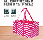 Extra Large Utility Tote Bag, Oversized Collapsible Reusable Wire Frame Rectangular Canvas Basket With Two Exterior Pockets For Beach, Pool, Laundry, Car Trunk, Storage - Chevron Pink