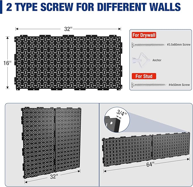 WORKPRO Metal Pegboard 16”x 32” Steel Panel with Round Holes & Vertical Slots 3-Pack, Black Heavy Duty Garage Peg Board Wall 