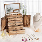 Emfogo Wooden Jewelry Box for Women, 6-Tier Large Jewelry Organizer Boxes with Mirror Rustic Solid Wood jewlery Storage Displ