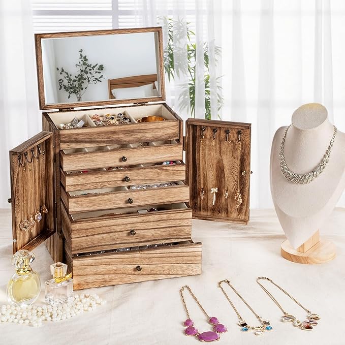 Emfogo Wooden Jewelry Box for Women, 6-Tier Large Jewelry Organizer Boxes with Mirror Rustic Solid Wood jewlery Storage Displ