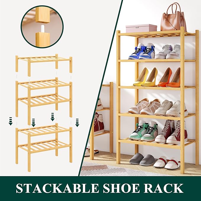 Smiry Shoe Rack, 3 Tier Small Bamboo Shoe Organizer, Stackable Free Standing Wooden Shoe Storage Shelf for Closet, Entryway, 