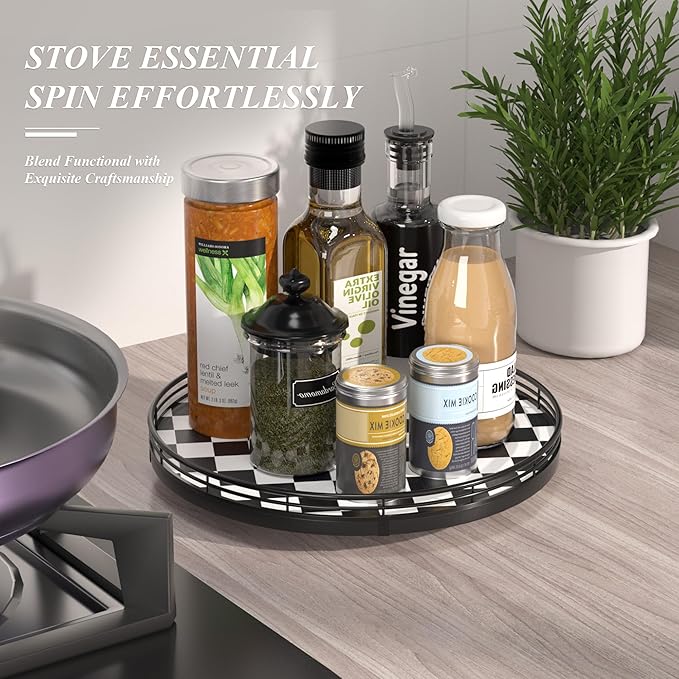 Black and White Kitchen Lazy Susan Turntable – Round Checkered Decorative Tray, 12” Table Top Oak Wood Lazy Susan for Cookies
