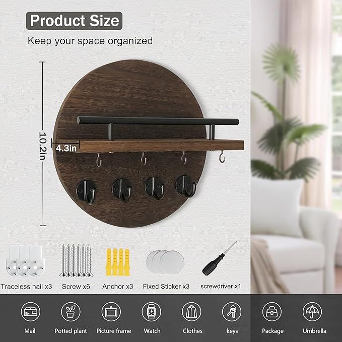 dreampossible Key Holder Wall Mount - 10.2 Inch Decorative Key Rack and Mail Organizer with 8 Key Hooks - Wooden Key Hanger w