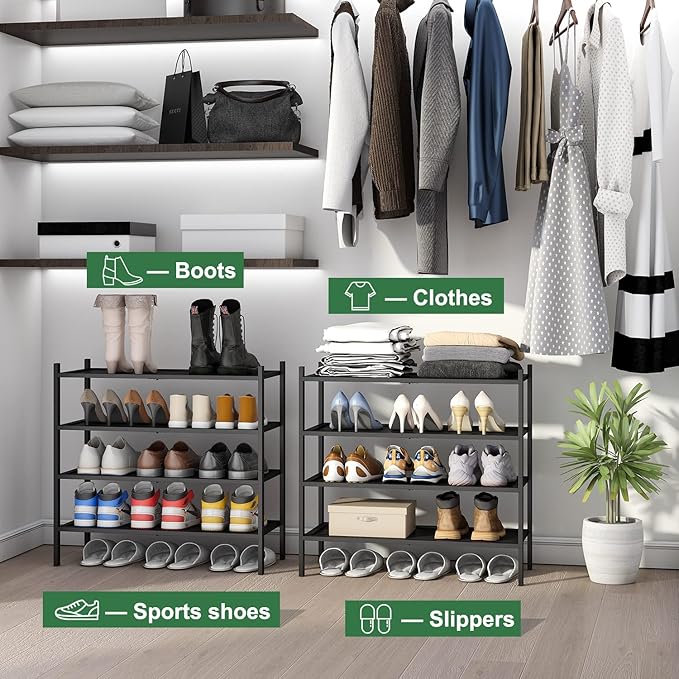 kiplant Shoe Rack for Entryway, Black Bamboo Shoe Rack 4-Tier, Stackable Shoe Organizer for Hallway Closet, Free Standing Sho