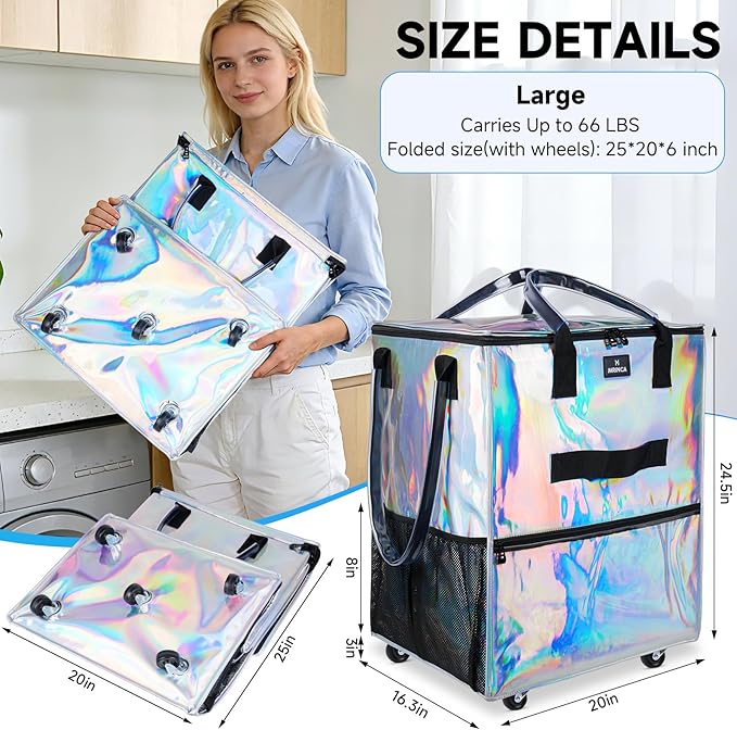 Large Reusable Grocery Bag On Wheels, 130L Foldable Shopping Trolley with 5 Enhanced Stability Wheels, Water Resistant, Multiple Pockets & Heavy Duty Handle, for Groceries, Outdoor, Gradient Silver