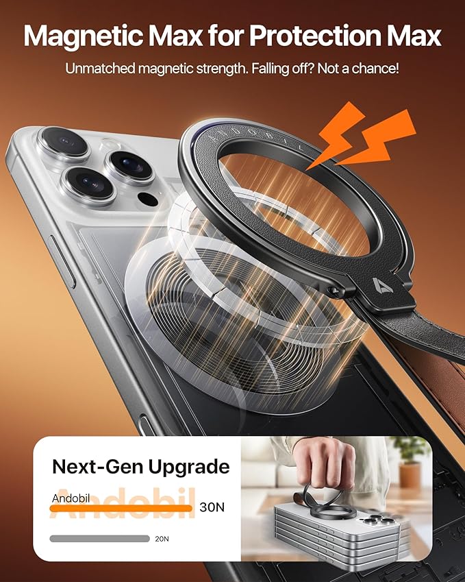 andobil [2026 Premium Leather] Magnetic Phone Grip for MagSafe [Longest Durable] Adjustable Phone Ring Kickstand with Leather Loop Compatible with MagSafe Accessories&iPhone 17/Air/16/15 Pro Max Black